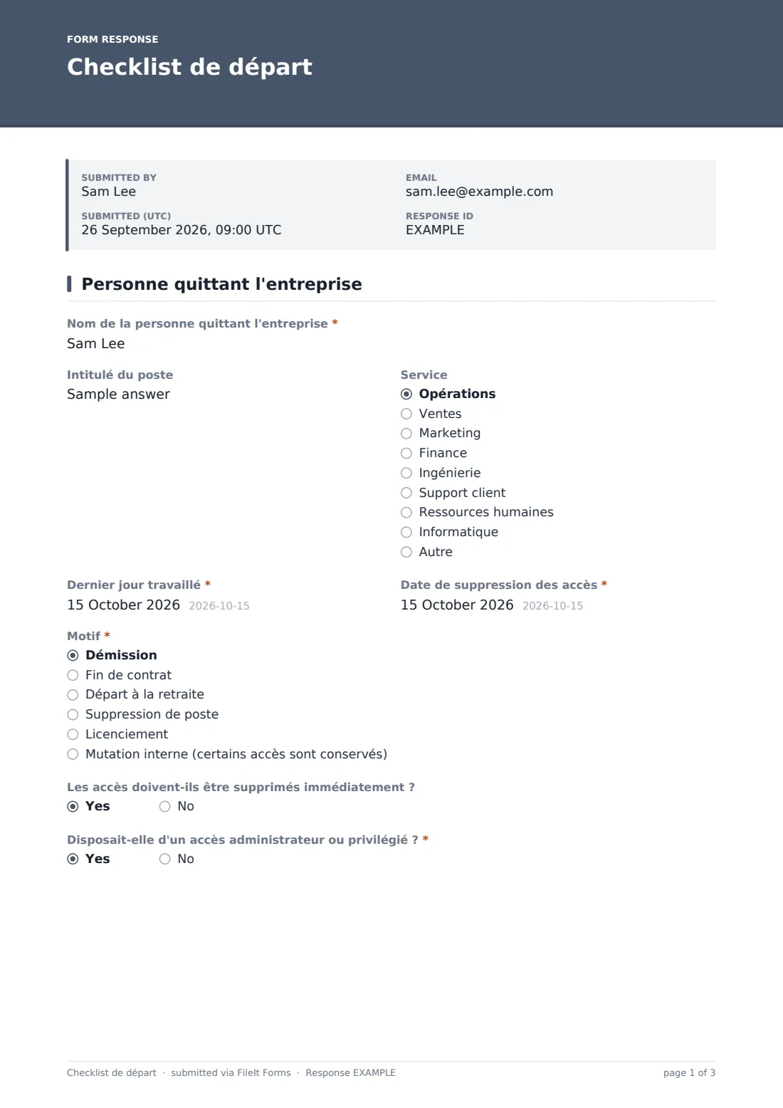 Checklist de départ — exemple de réponse au format PDF, page 1 sur 3