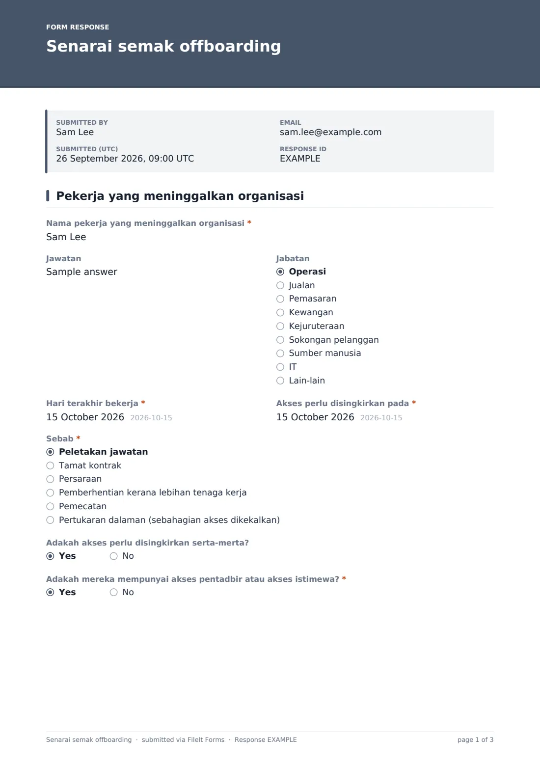 Senarai semak offboarding — PDF respons contoh, halaman 1 daripada 3