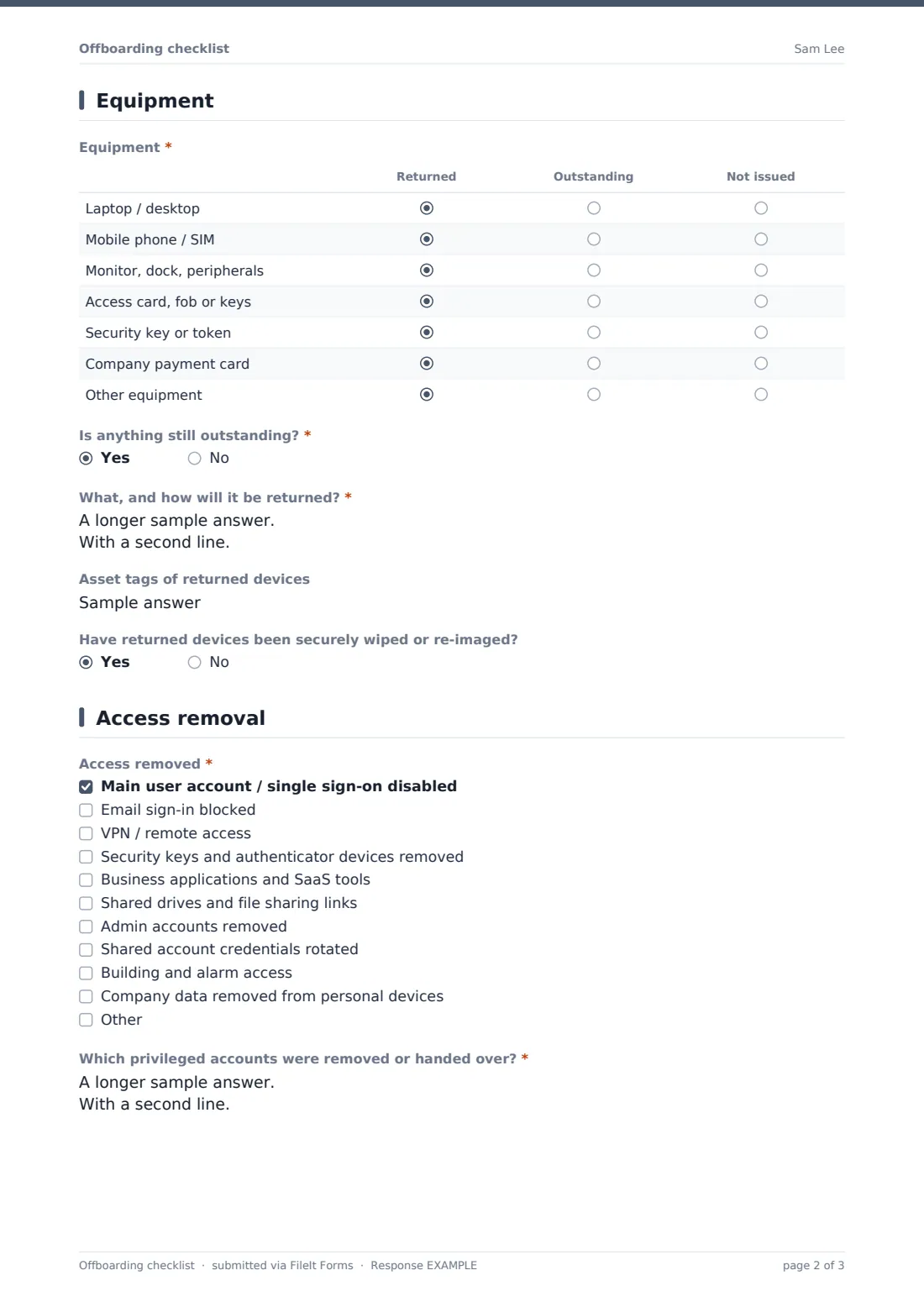 Offboarding checklist — example response PDF, page 2 of 3