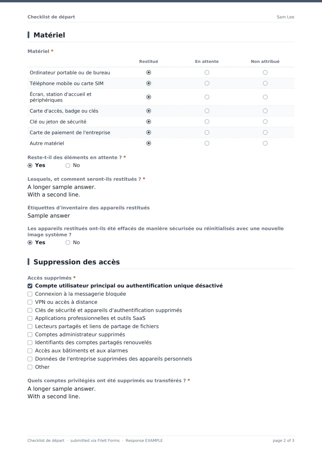 Checklist de départ — exemple de réponse au format PDF, page 2 sur 3