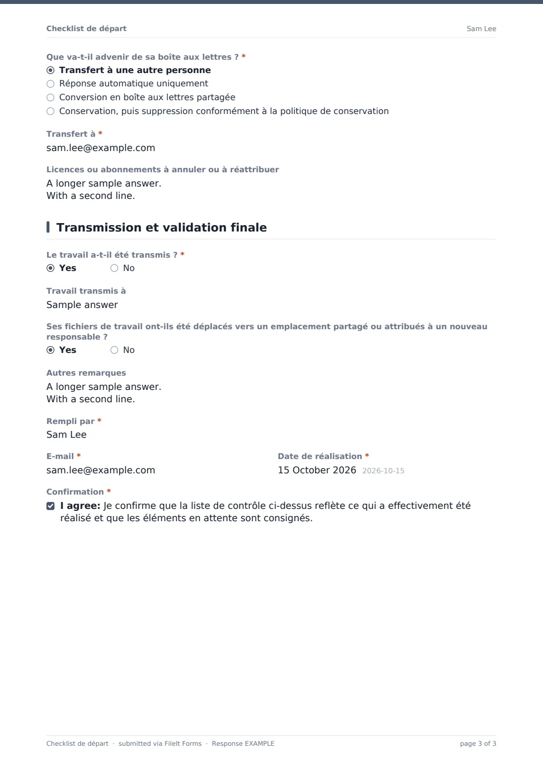 Checklist de départ — exemple de réponse au format PDF, page 3 sur 3