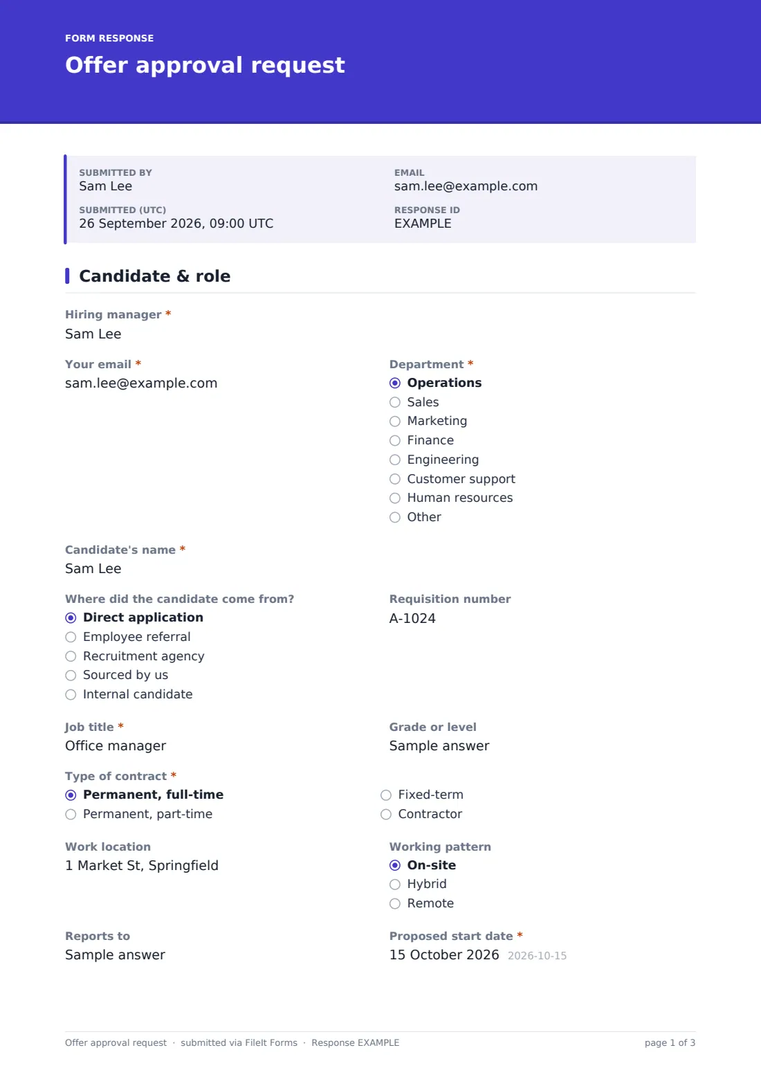 Offer approval request — example response PDF, page 1 of 3