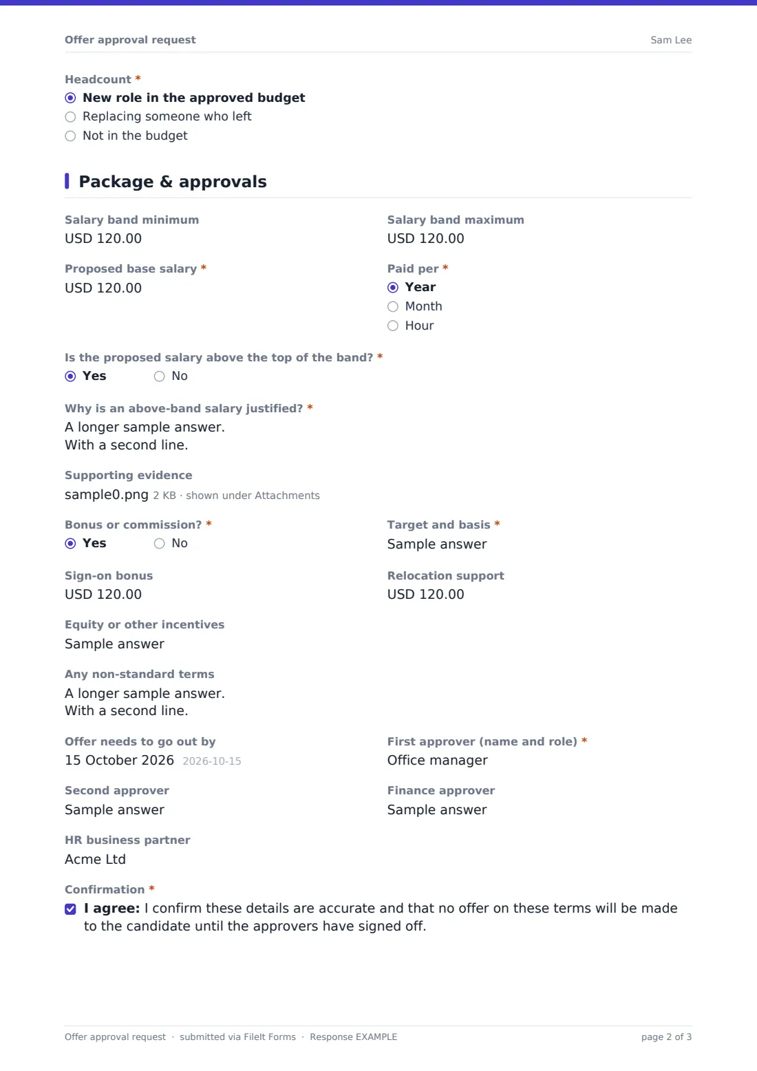 Offer approval request — example response PDF, page 2 of 3