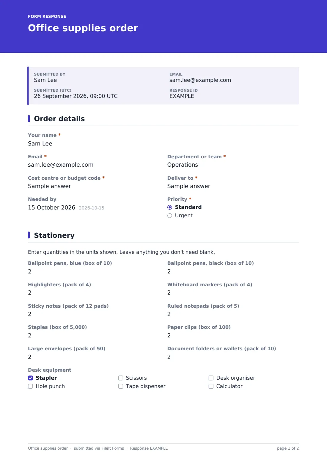 Office supplies order — example response PDF, page 1 of 2