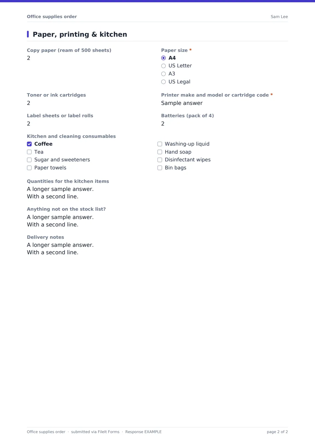 Office supplies order — example response PDF, page 2 of 2