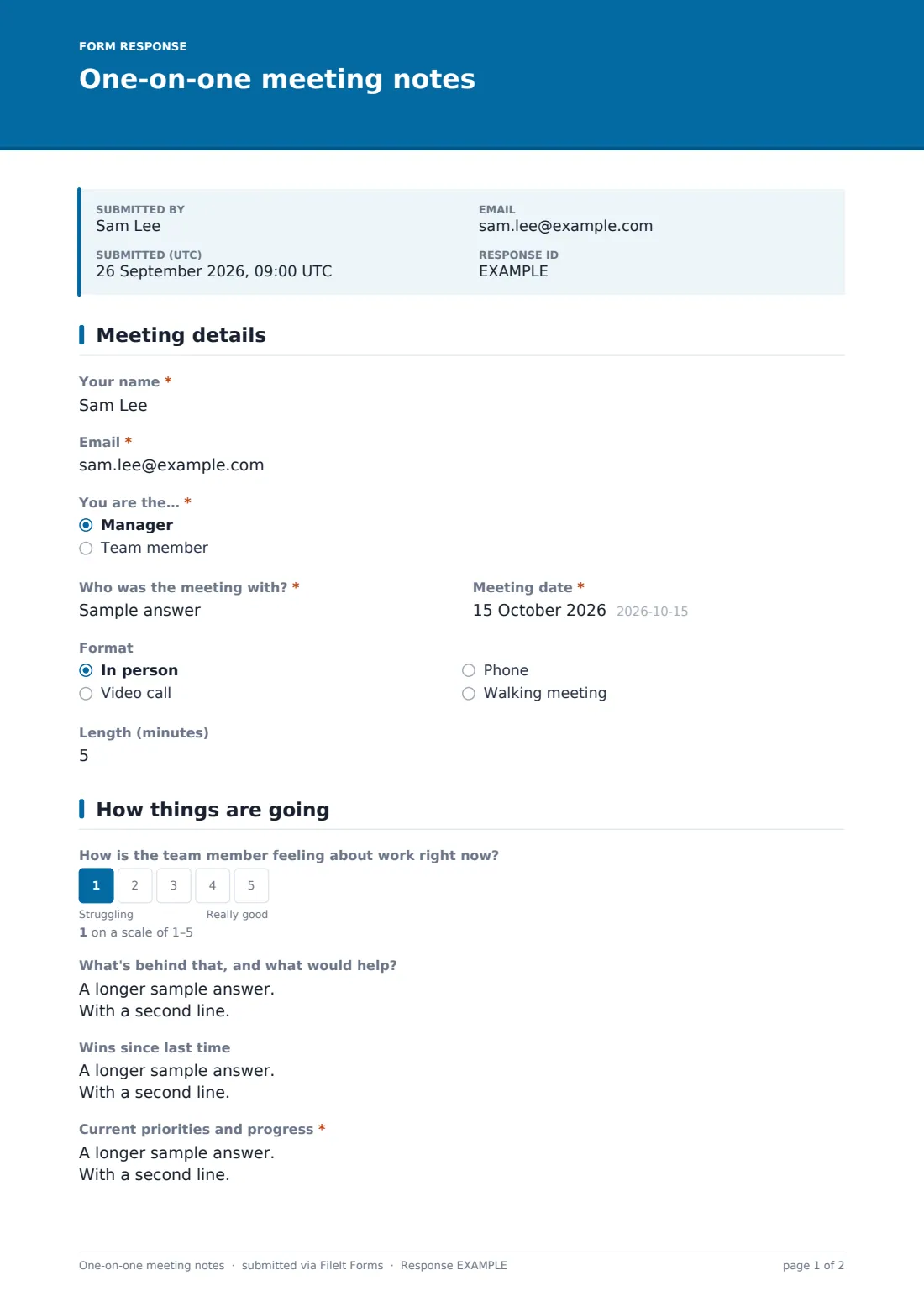 One-on-one meeting notes — example response PDF, page 1 of 2