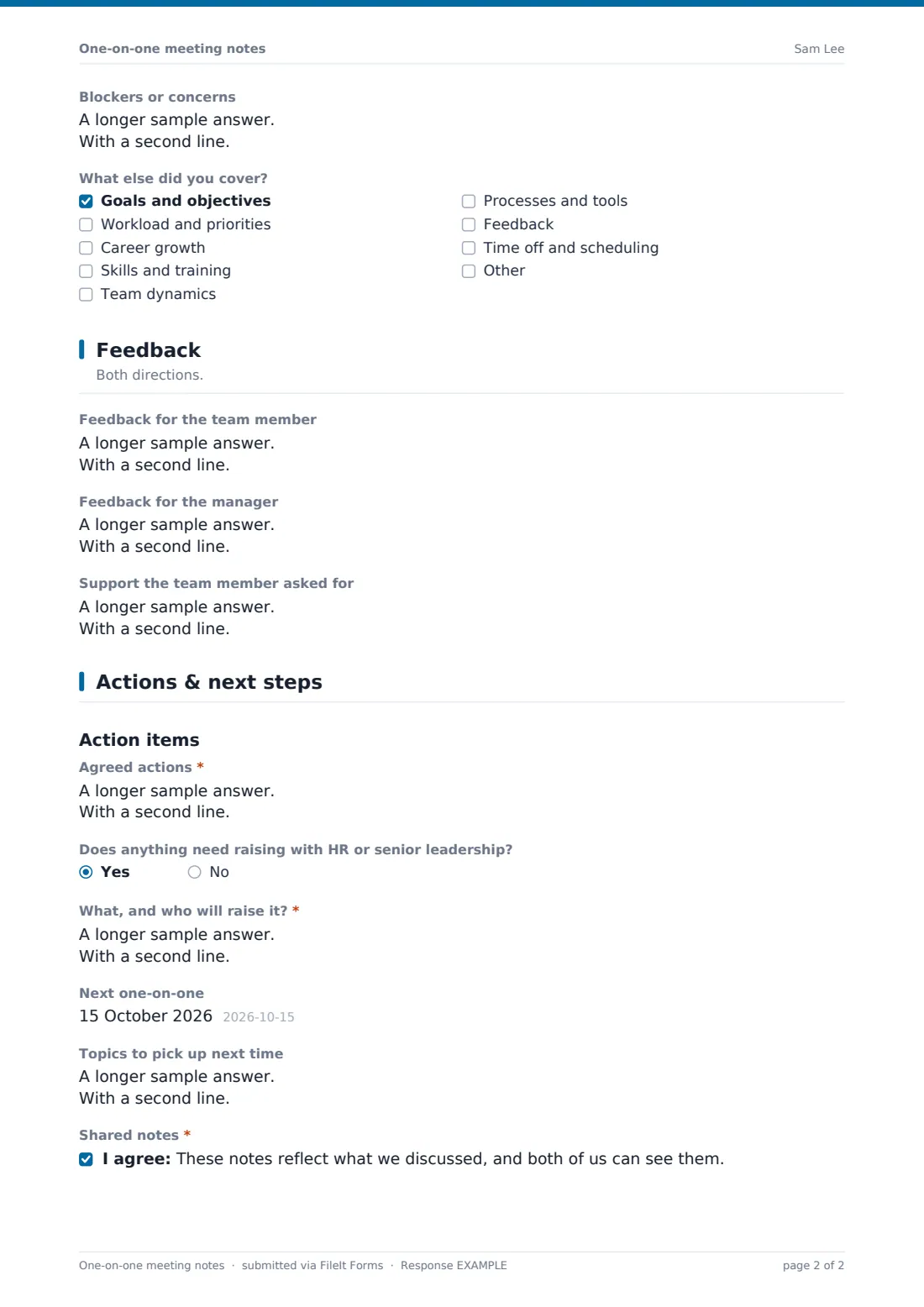 One-on-one meeting notes — example response PDF, page 2 of 2