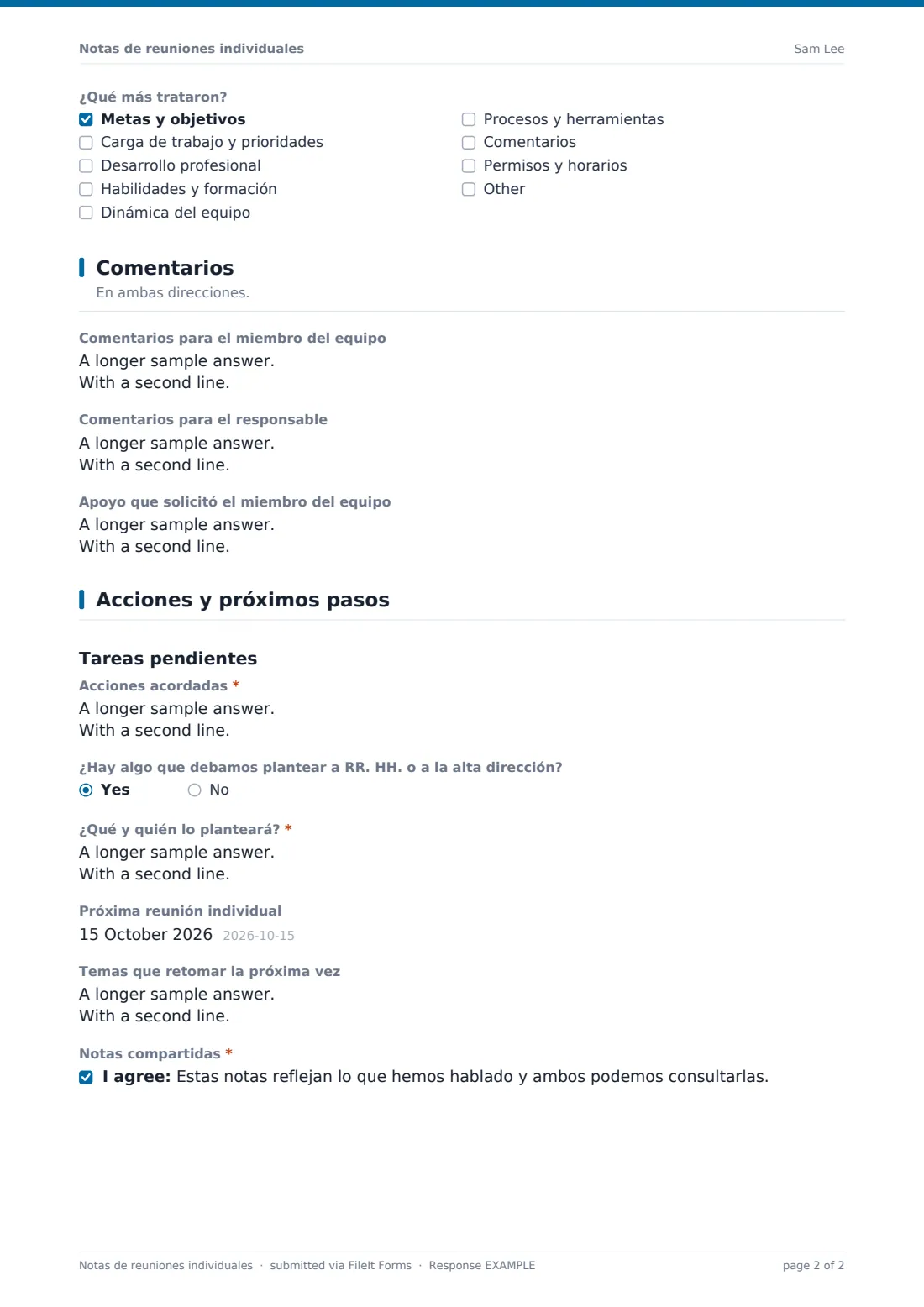 Notas de reuniones individuales — PDF de respuesta de ejemplo, página 2 de 2