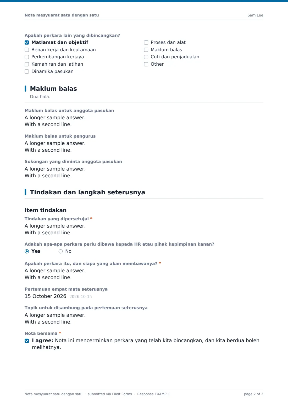 Nota mesyuarat satu dengan satu — PDF respons contoh, halaman 2 daripada 2