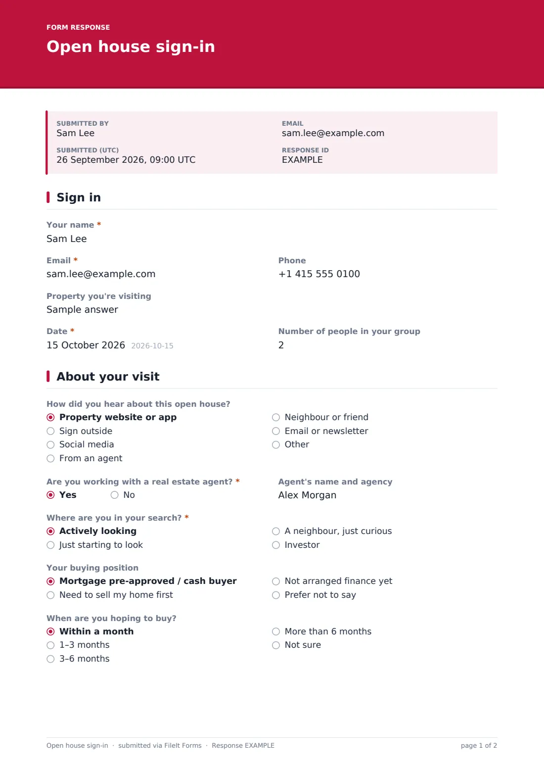 Open house sign-in — example response PDF, page 1 of 2