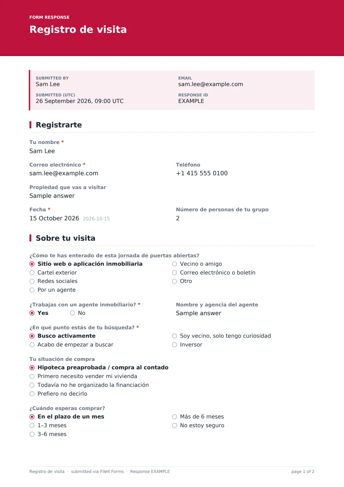 Registro de visita — PDF de respuesta de ejemplo, página 1 de 2
