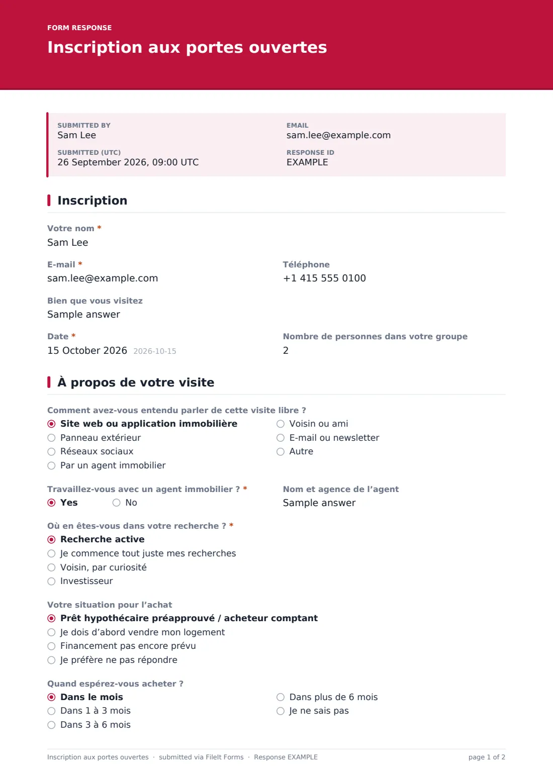 Inscription aux portes ouvertes — exemple de réponse au format PDF, page 1 sur 2