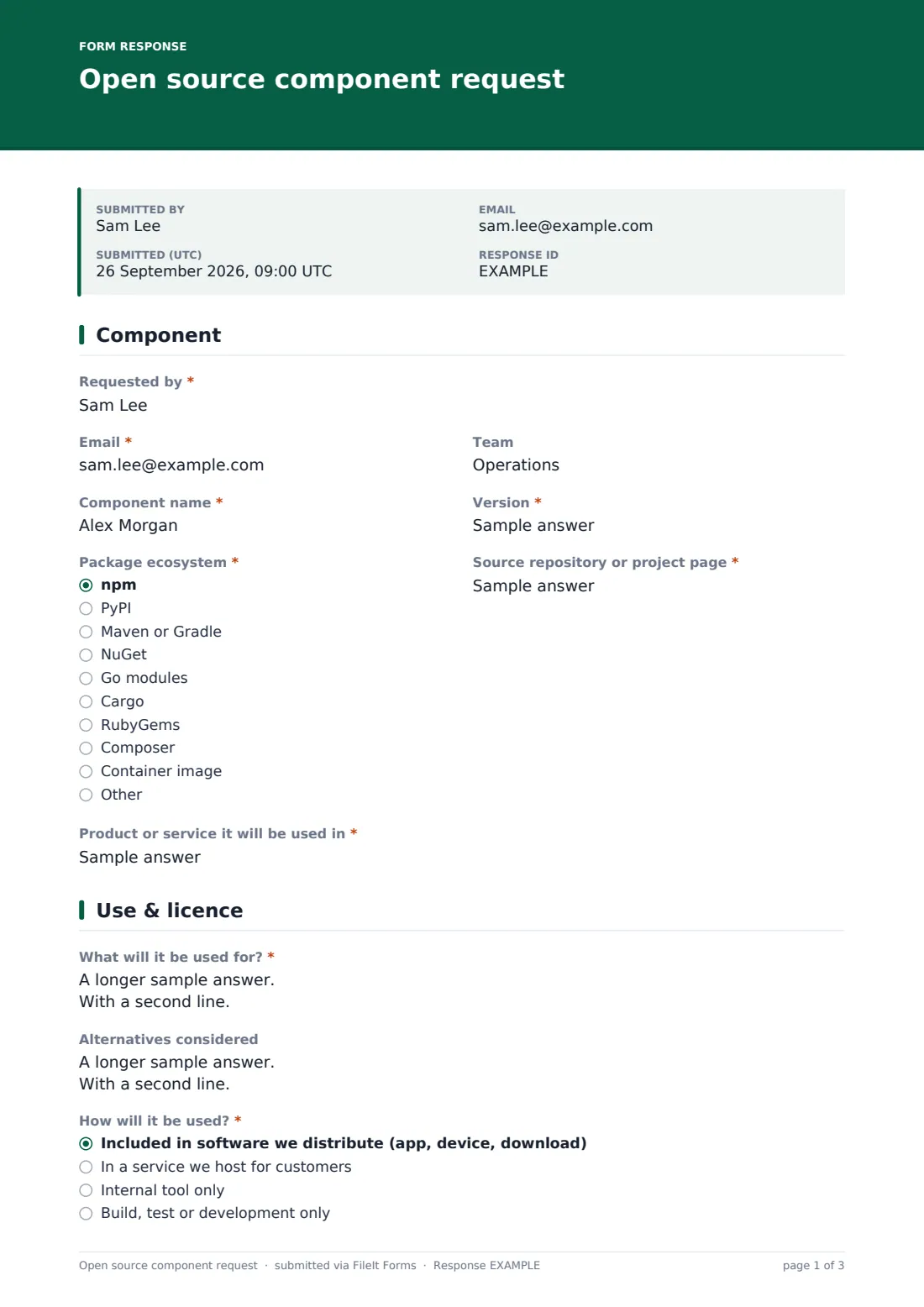 Open source component request — example response PDF, page 1 of 3