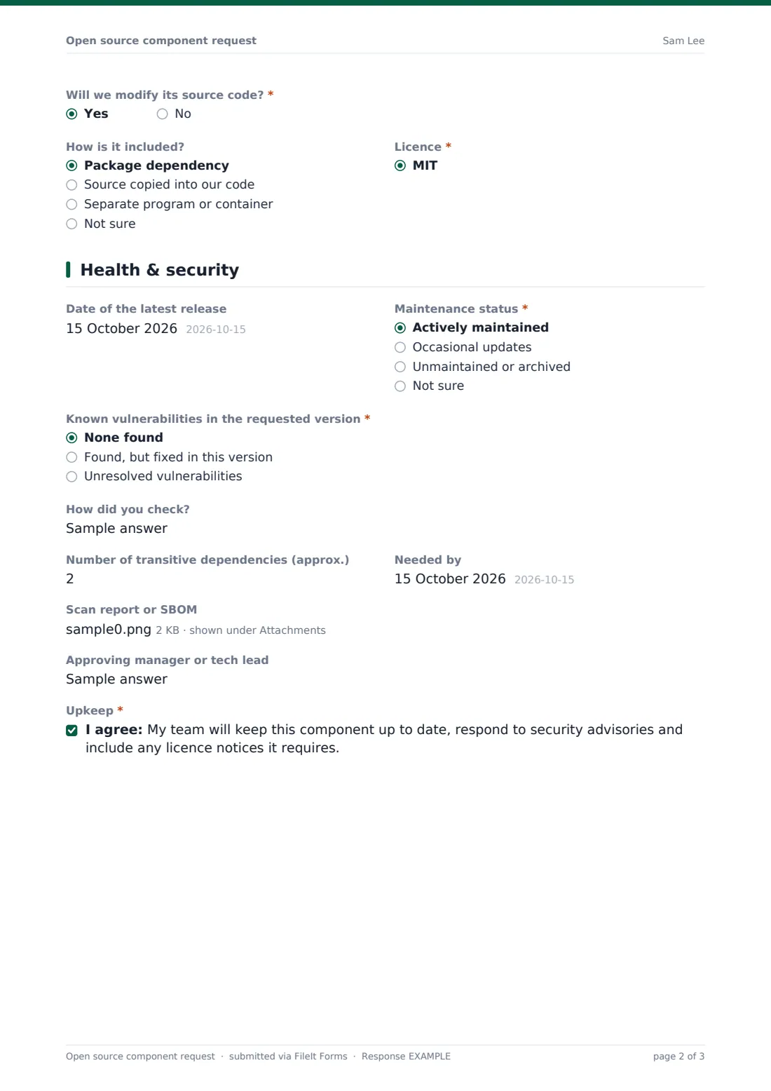 Open source component request — example response PDF, page 2 of 3