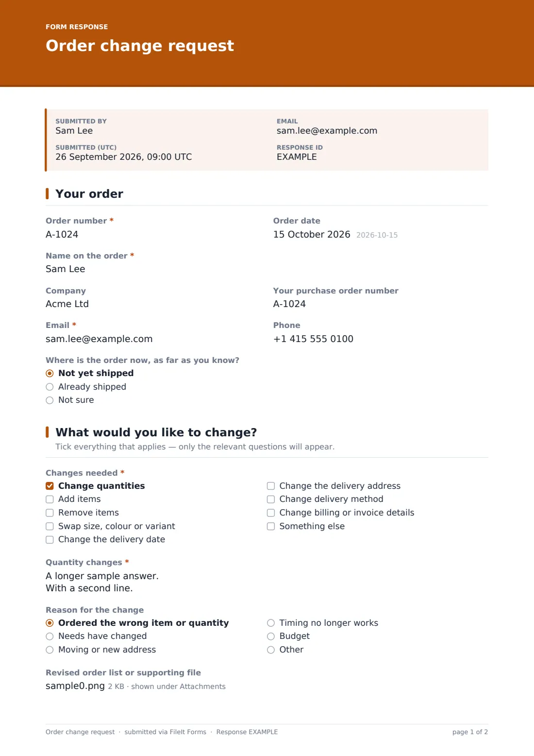 Order change request — example response PDF, page 1 of 2
