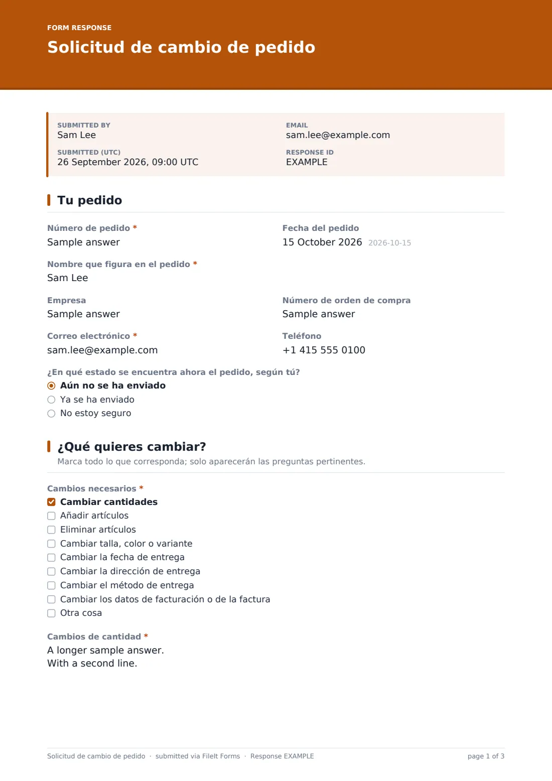 Solicitud de cambio de pedido — PDF de respuesta de ejemplo, página 1 de 3