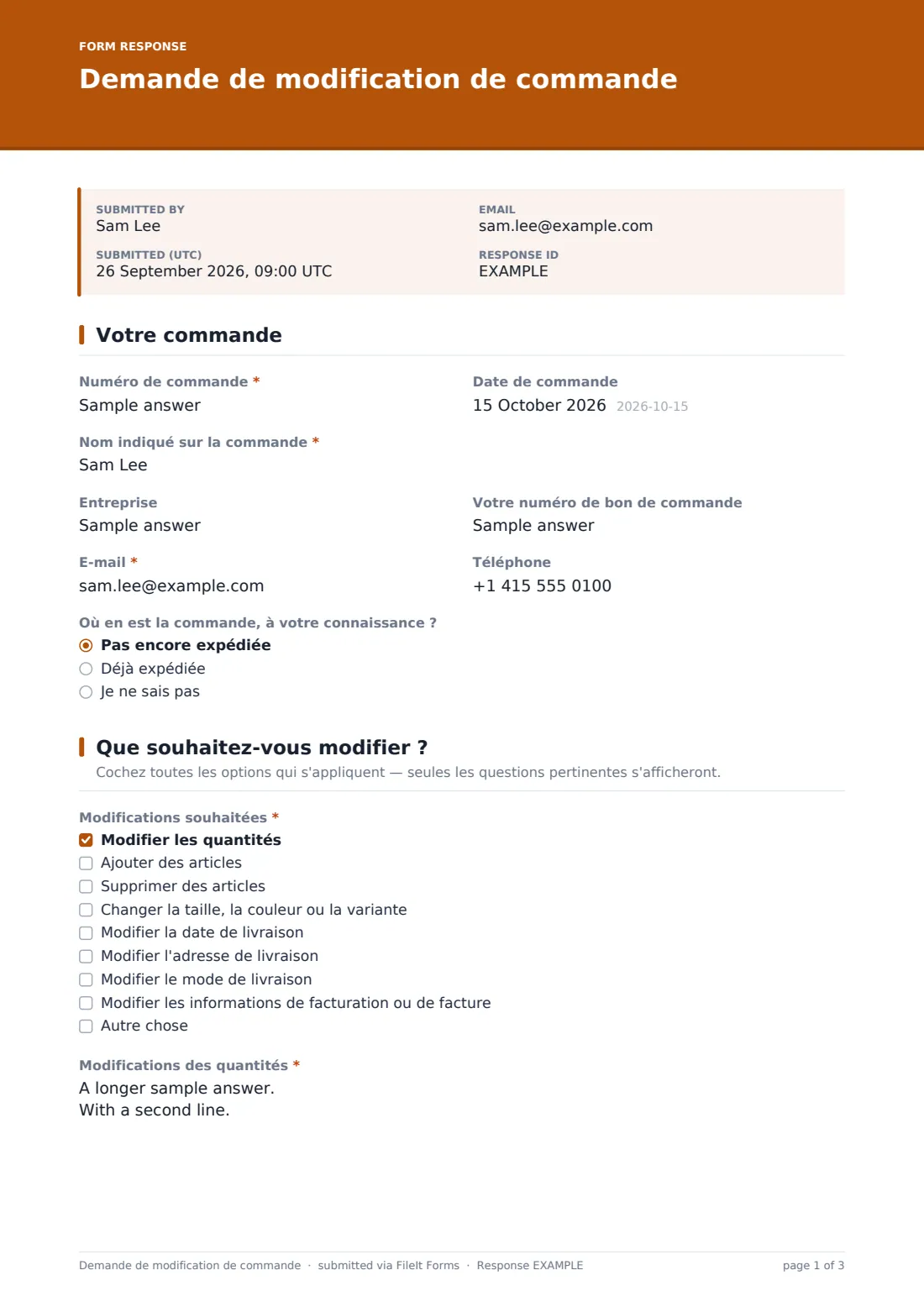 Demande de modification de commande — exemple de réponse au format PDF, page 1 sur 3