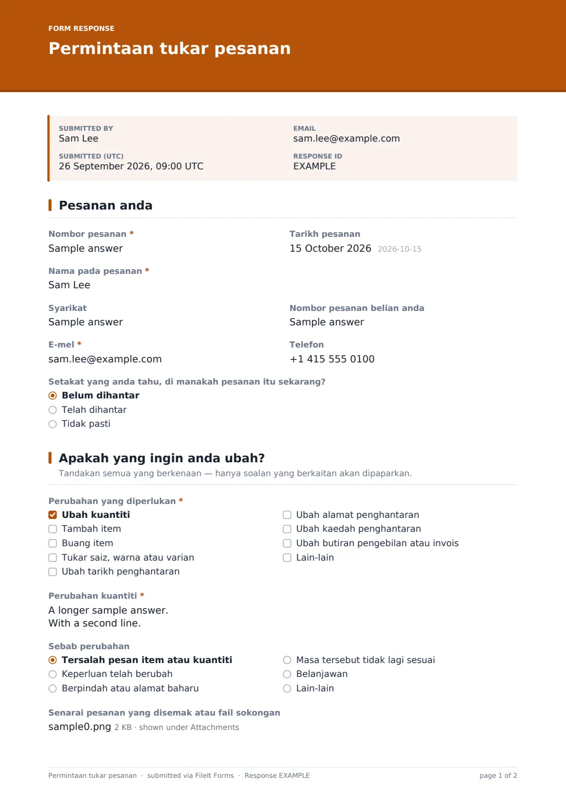 Permintaan tukar pesanan — PDF respons contoh, halaman 1 daripada 2