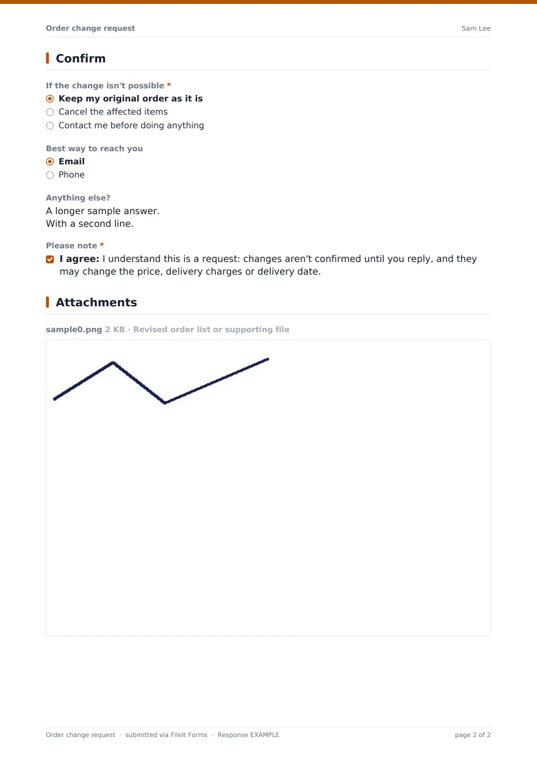 Order change request — example response PDF, page 2 of 2