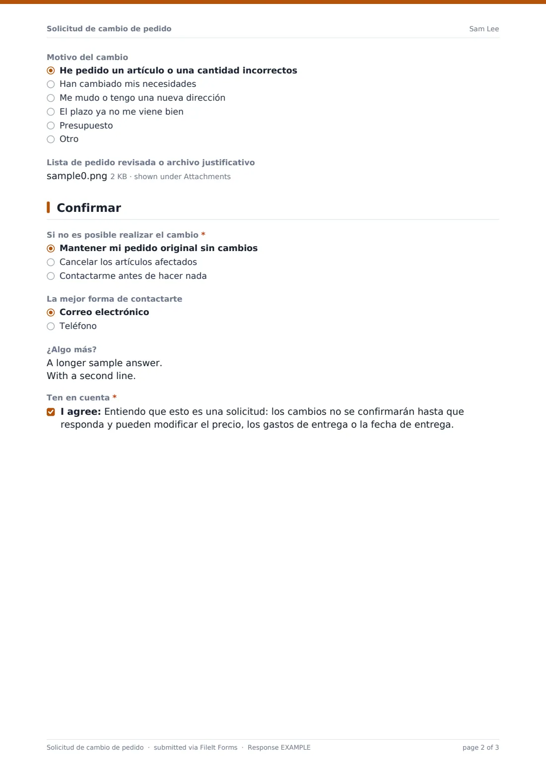 Solicitud de cambio de pedido — PDF de respuesta de ejemplo, página 2 de 3