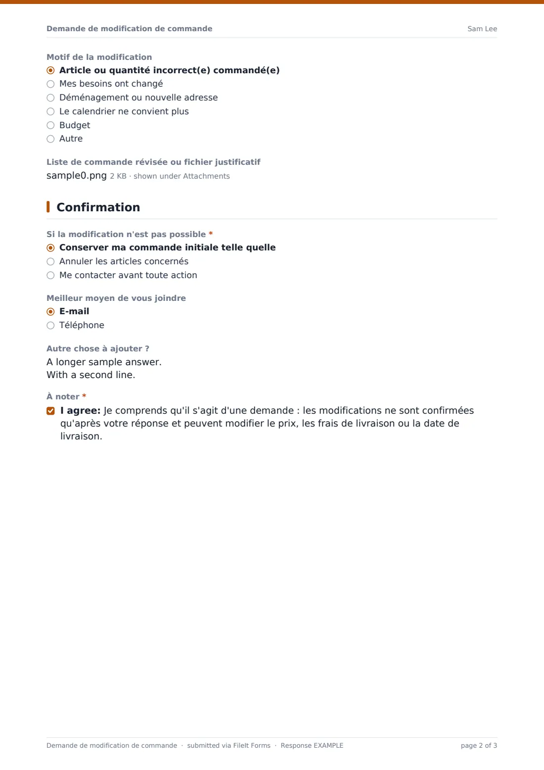 Demande de modification de commande — exemple de réponse au format PDF, page 2 sur 3