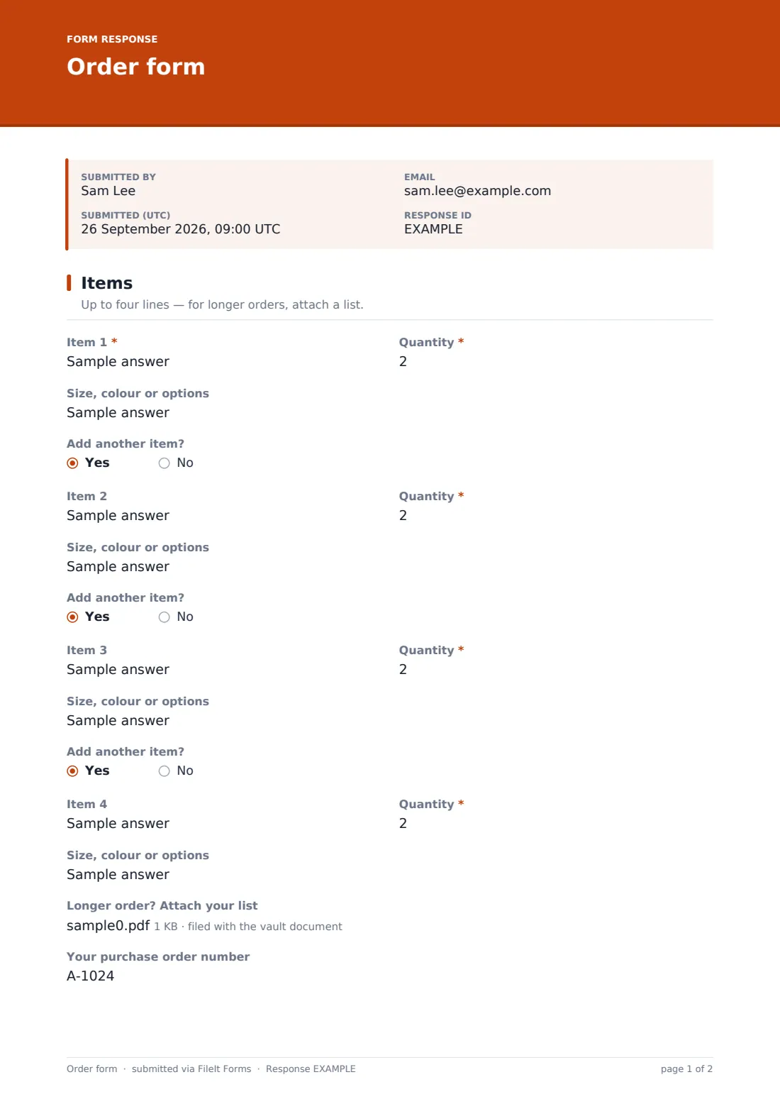 Order form — example response PDF, page 1 of 2