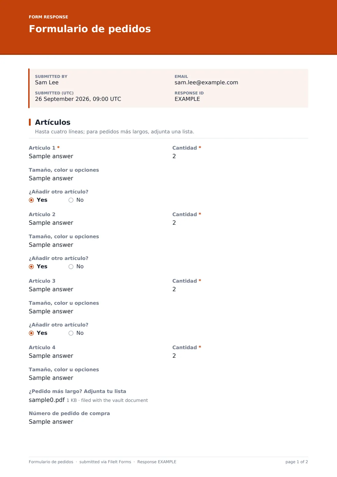 Formulario de pedidos — PDF de respuesta de ejemplo, página 1 de 2