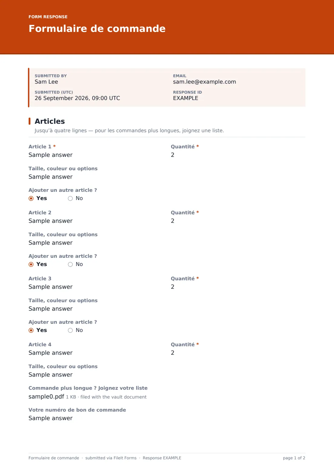 Formulaire de commande — exemple de réponse au format PDF, page 1 sur 2