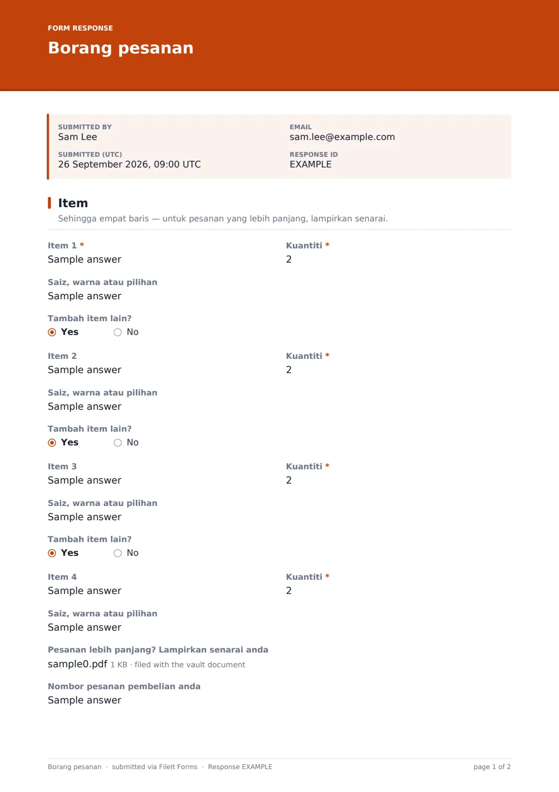 Borang pesanan — PDF respons contoh, halaman 1 daripada 2