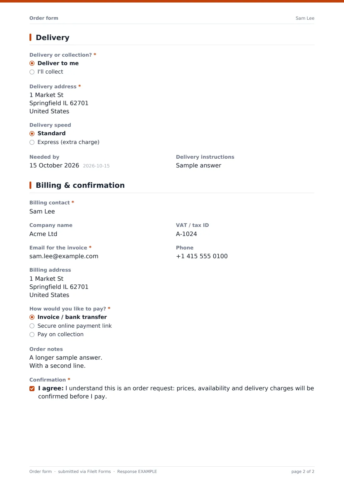 Order form — example response PDF, page 2 of 2