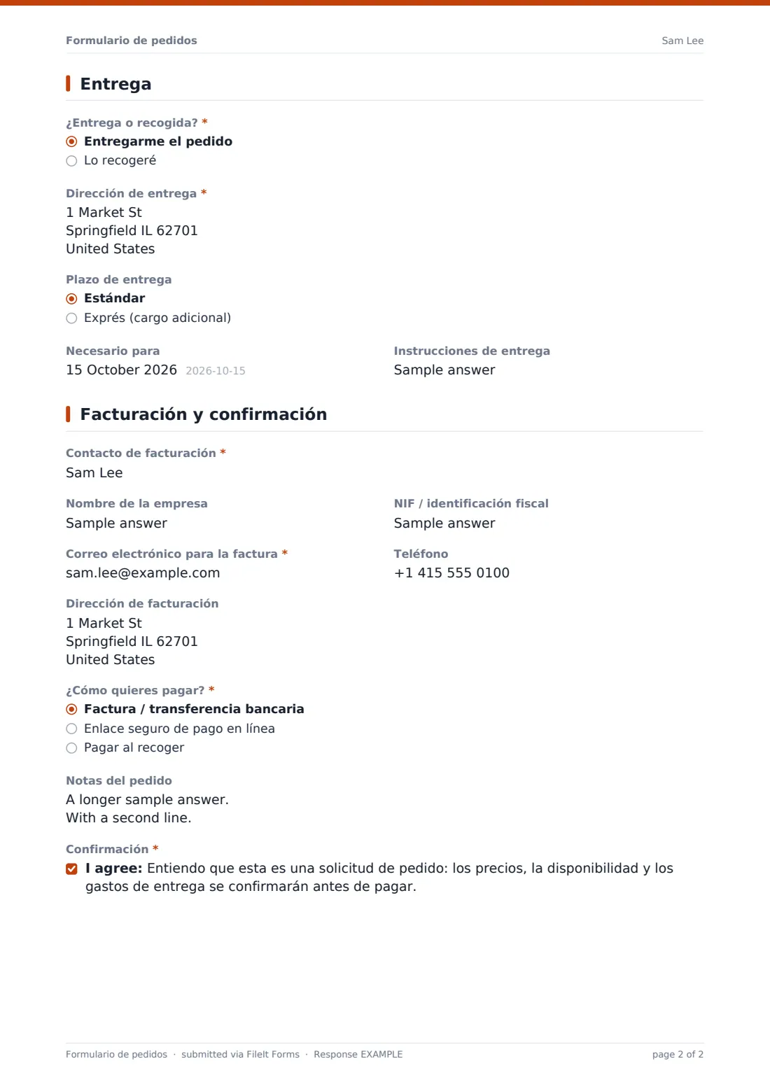 Formulario de pedidos — PDF de respuesta de ejemplo, página 2 de 2