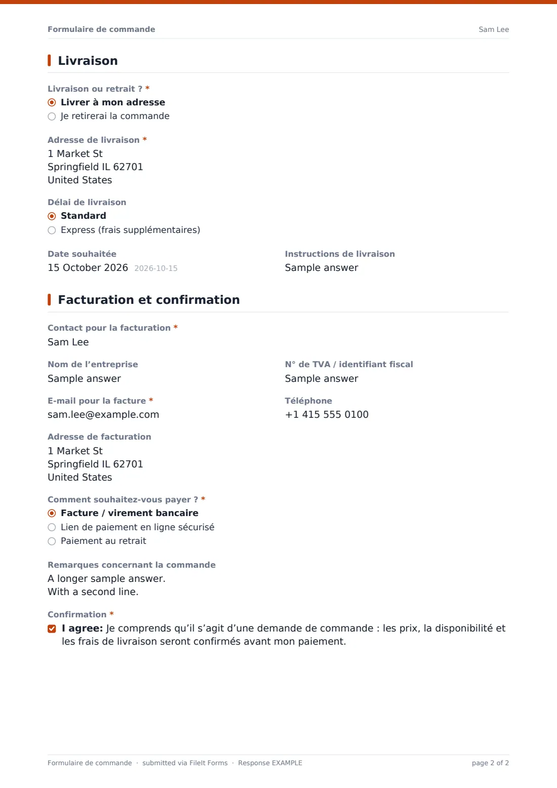 Formulaire de commande — exemple de réponse au format PDF, page 2 sur 2