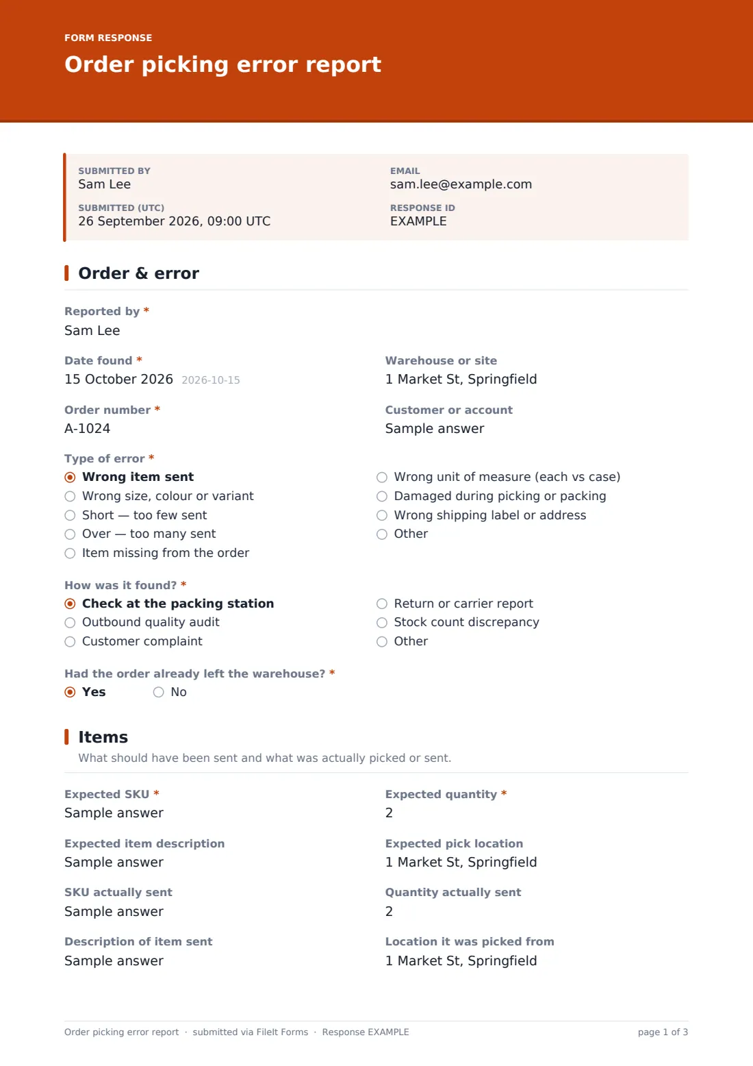 Order picking error report — example response PDF, page 1 of 3
