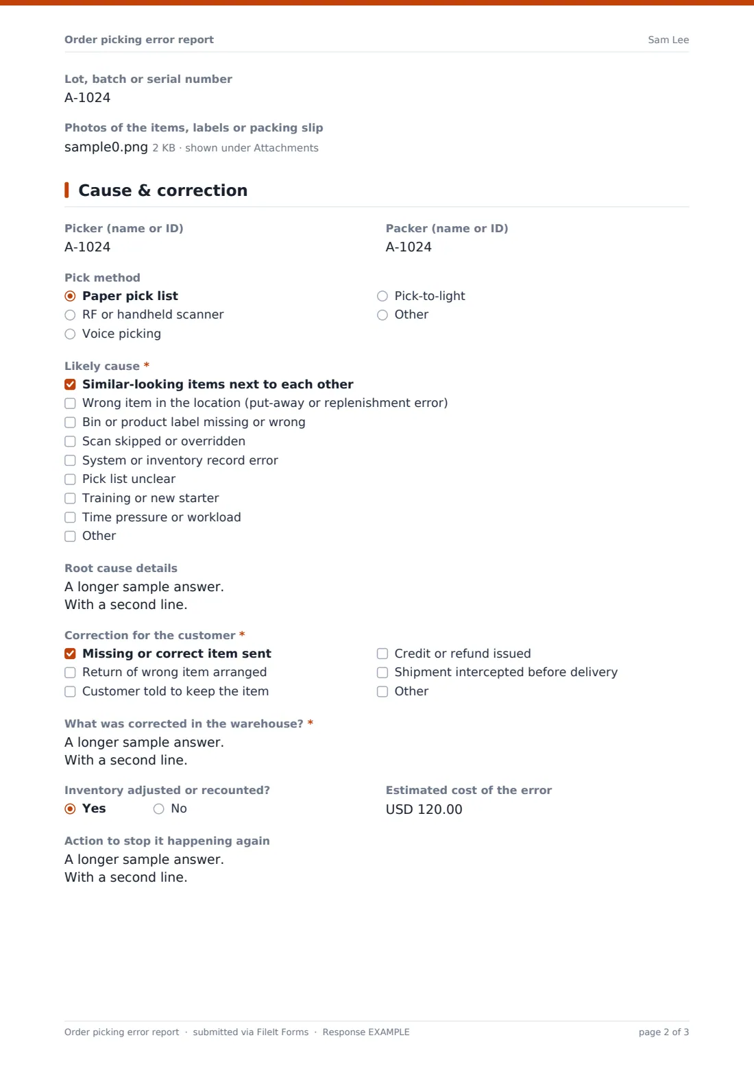 Order picking error report — example response PDF, page 2 of 3