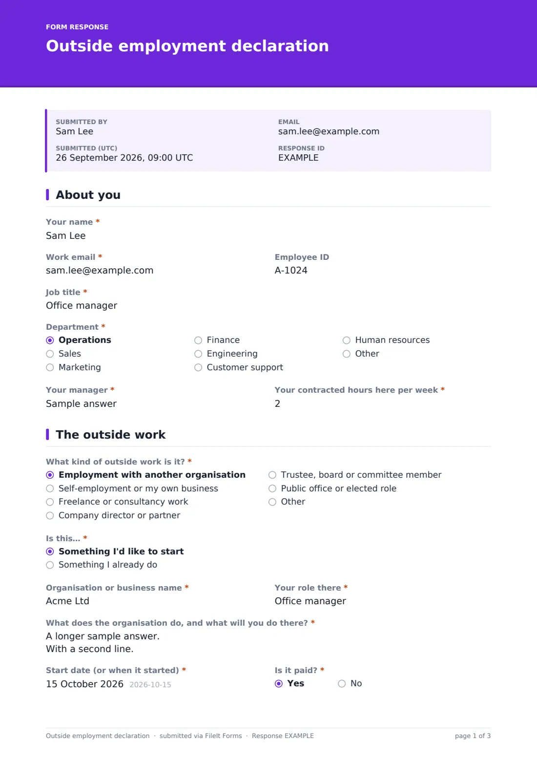 Outside employment declaration — example response PDF, page 1 of 3