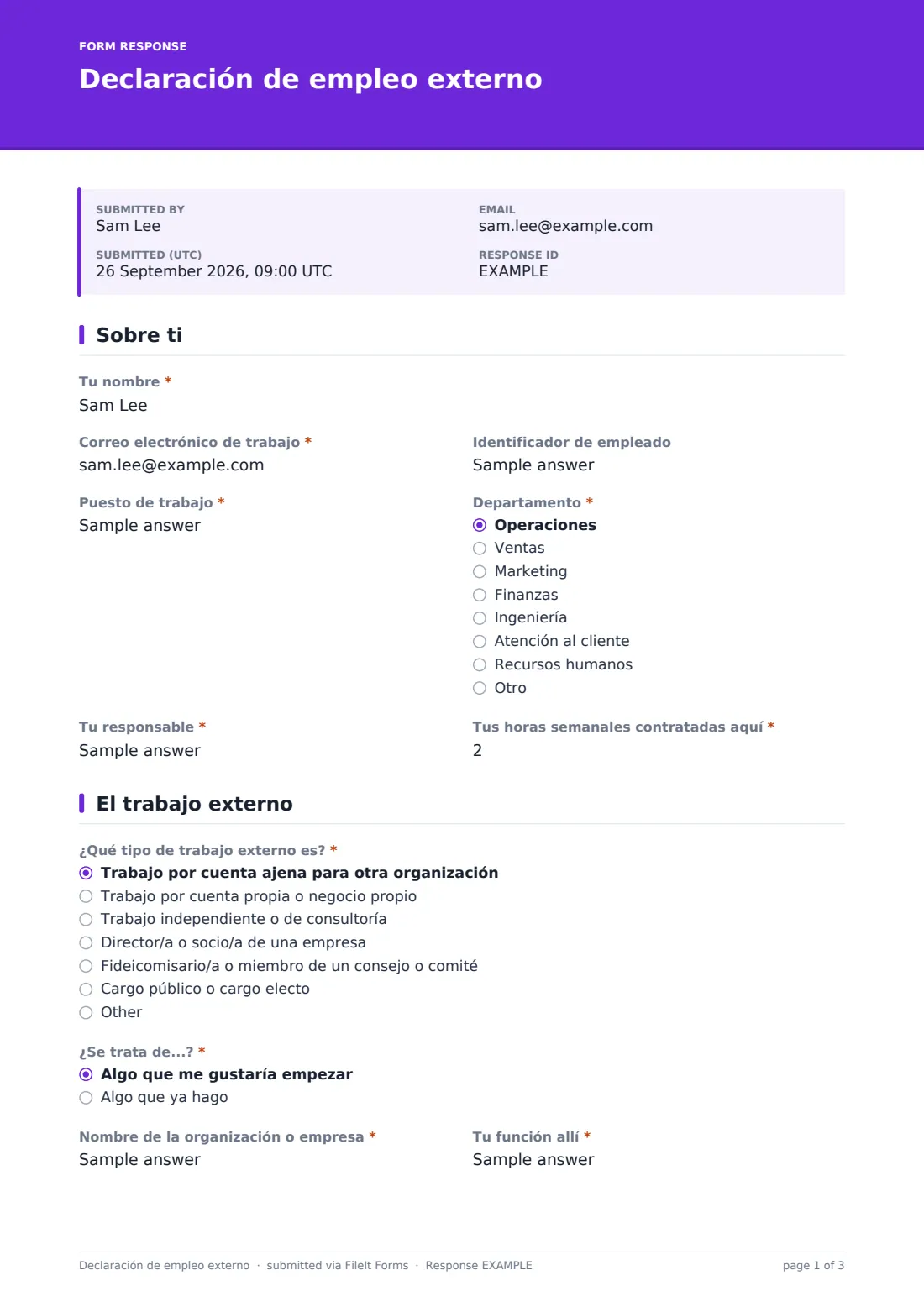 Declaración de empleo externo — PDF de respuesta de ejemplo, página 1 de 3