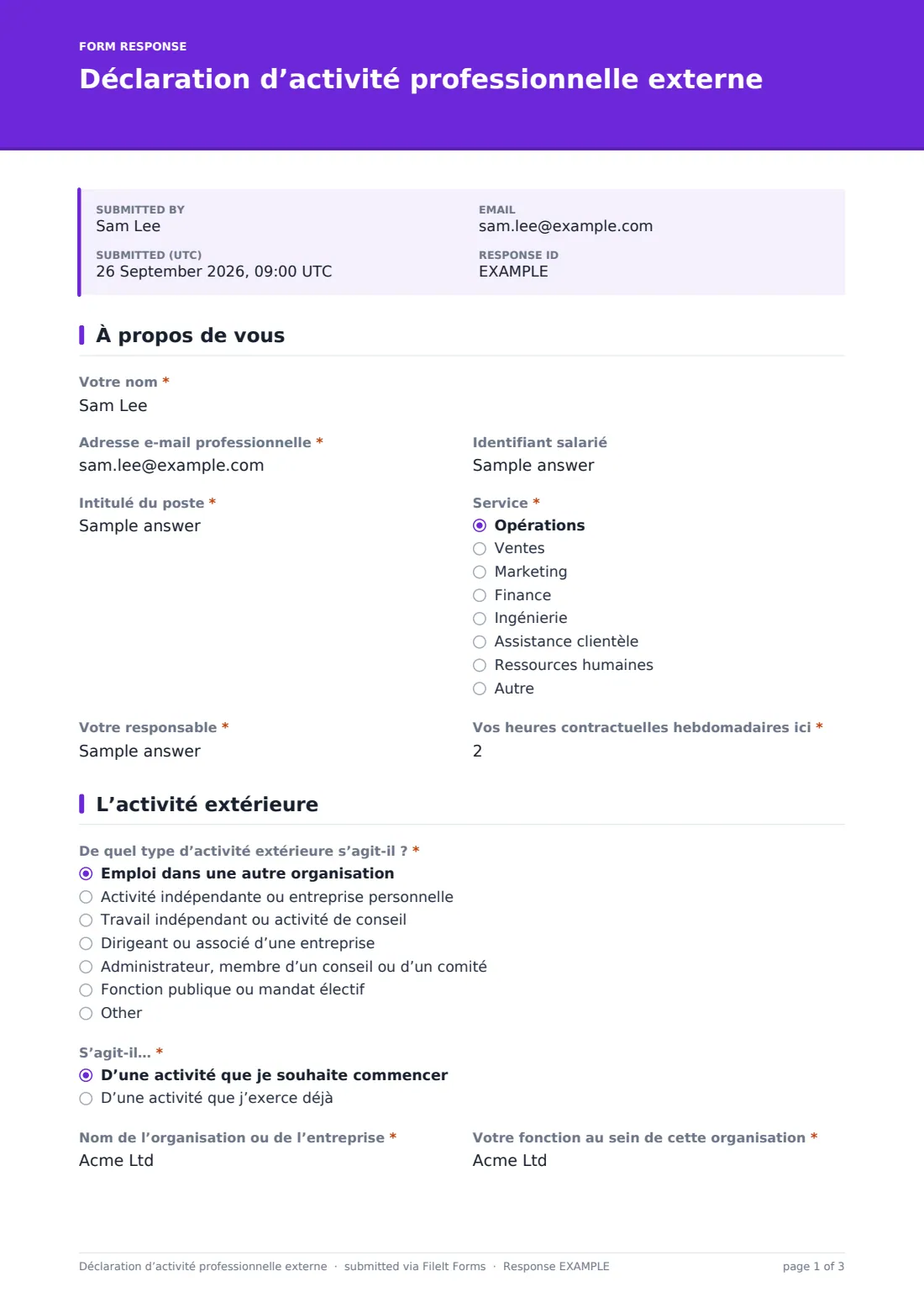 Déclaration d’activité professionnelle externe — exemple de réponse au format PDF, page 1 sur 3