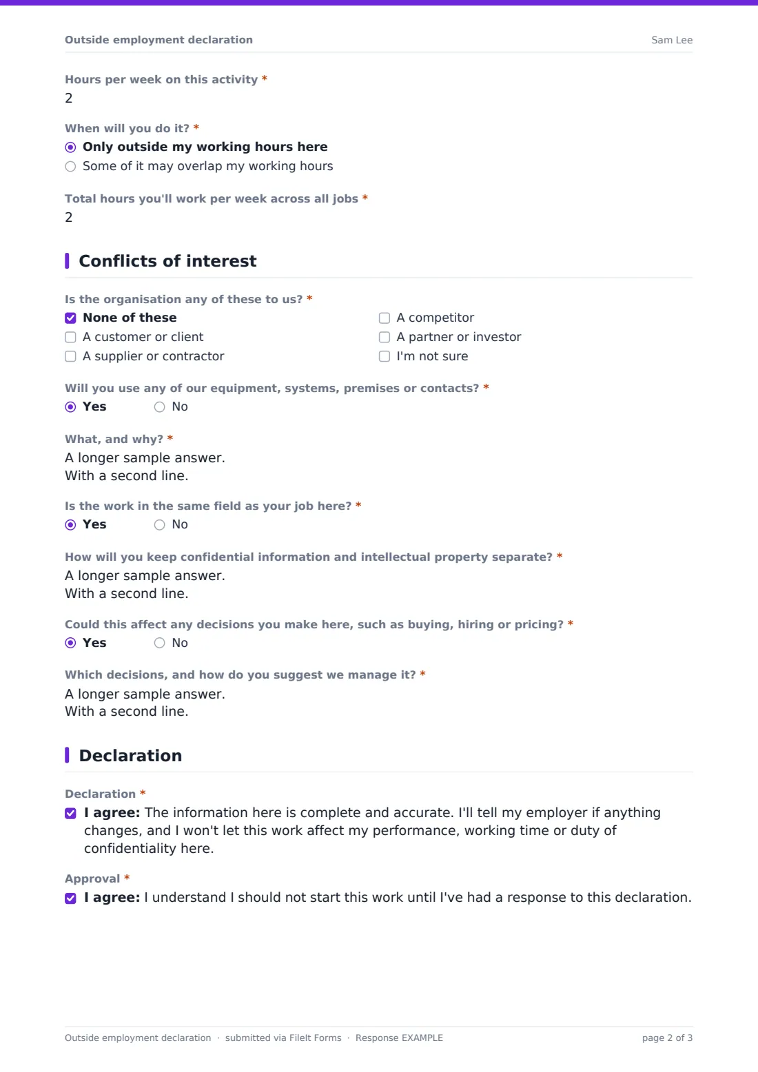 Outside employment declaration — example response PDF, page 2 of 3
