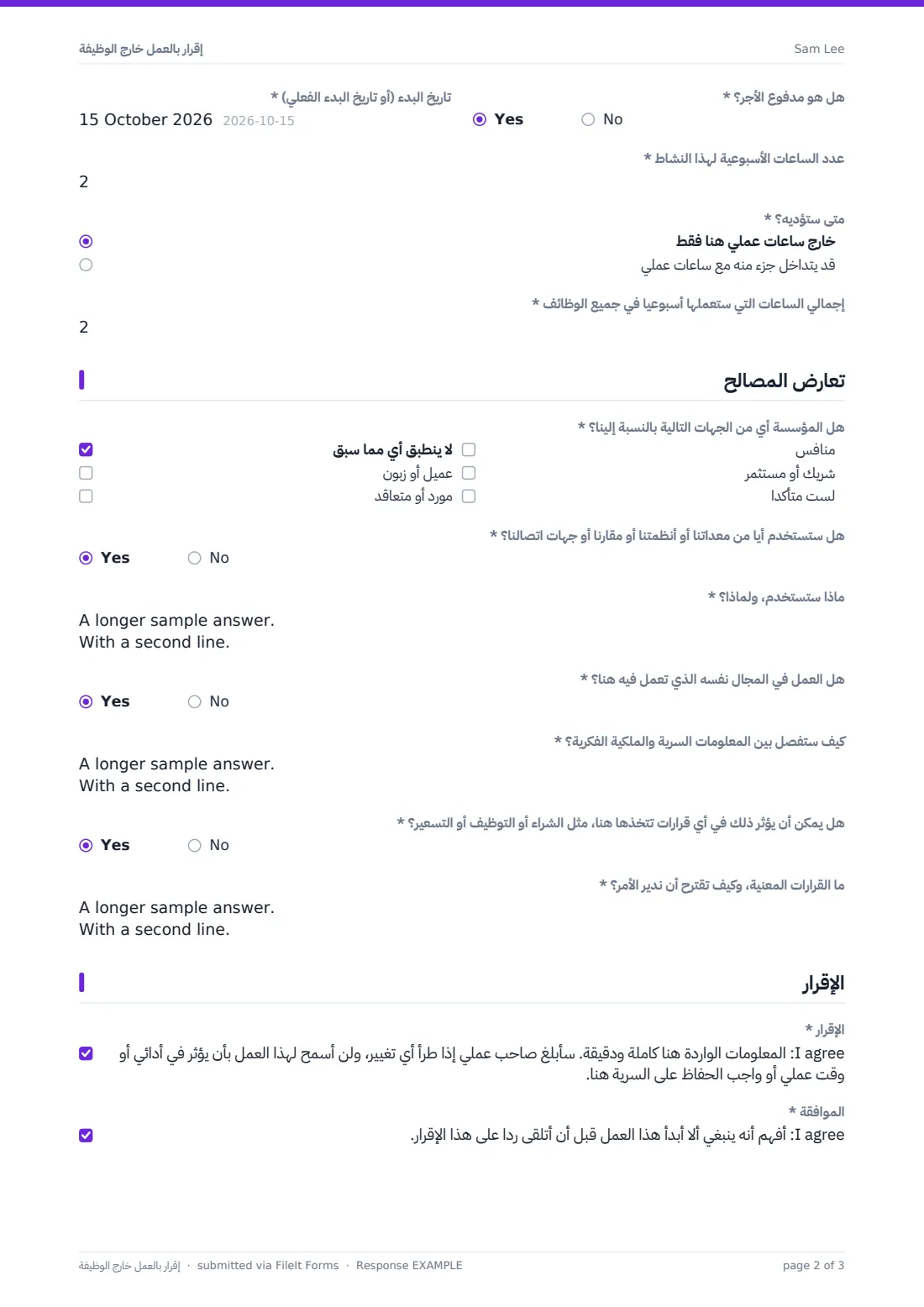 إقرار بالعمل خارج الوظيفة — ملف PDF لرد نموذجي، الصفحة 2 من 3