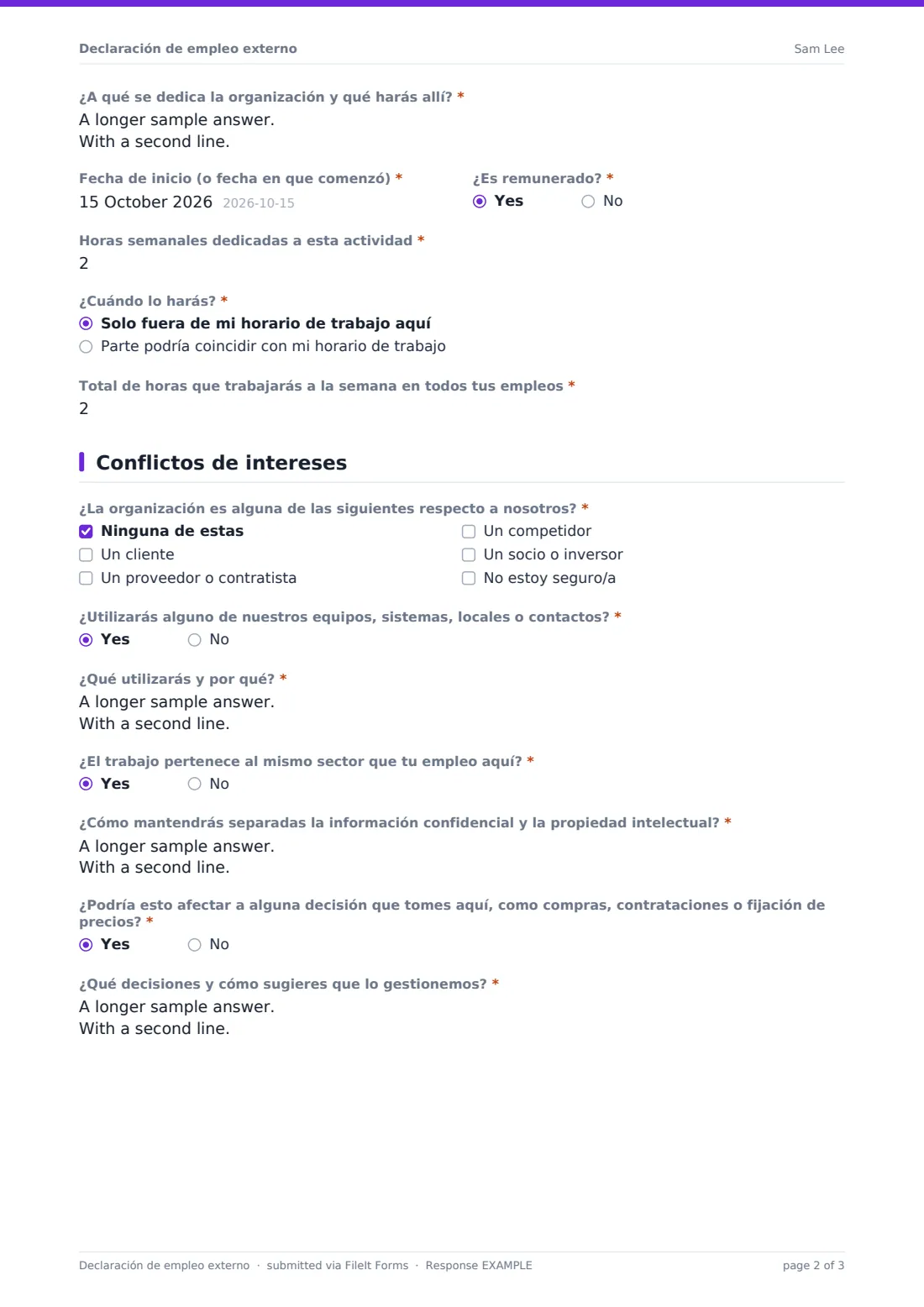 Declaración de empleo externo — PDF de respuesta de ejemplo, página 2 de 3