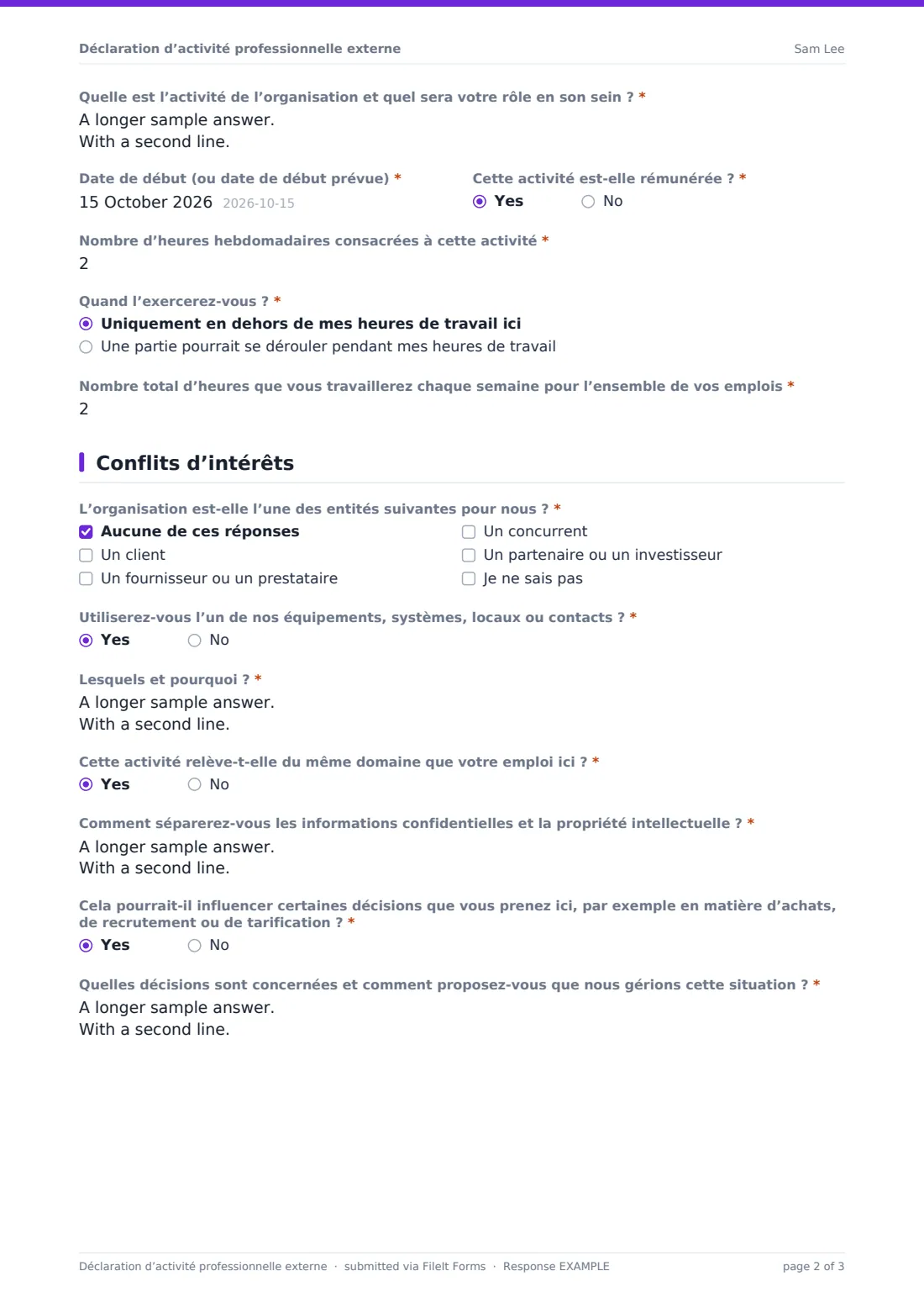 Déclaration d’activité professionnelle externe — exemple de réponse au format PDF, page 2 sur 3