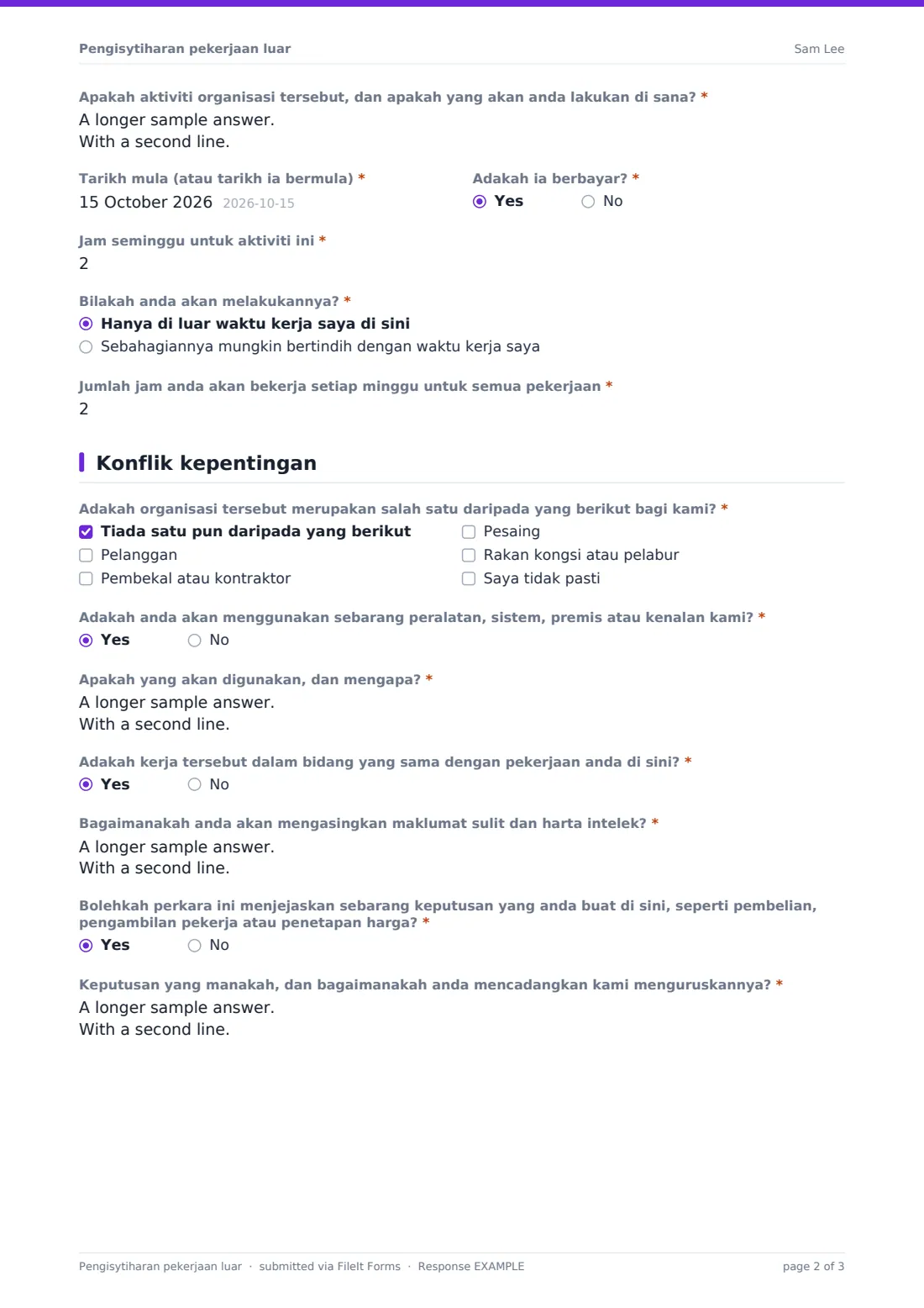 Pengisytiharan pekerjaan luar — PDF respons contoh, halaman 2 daripada 3