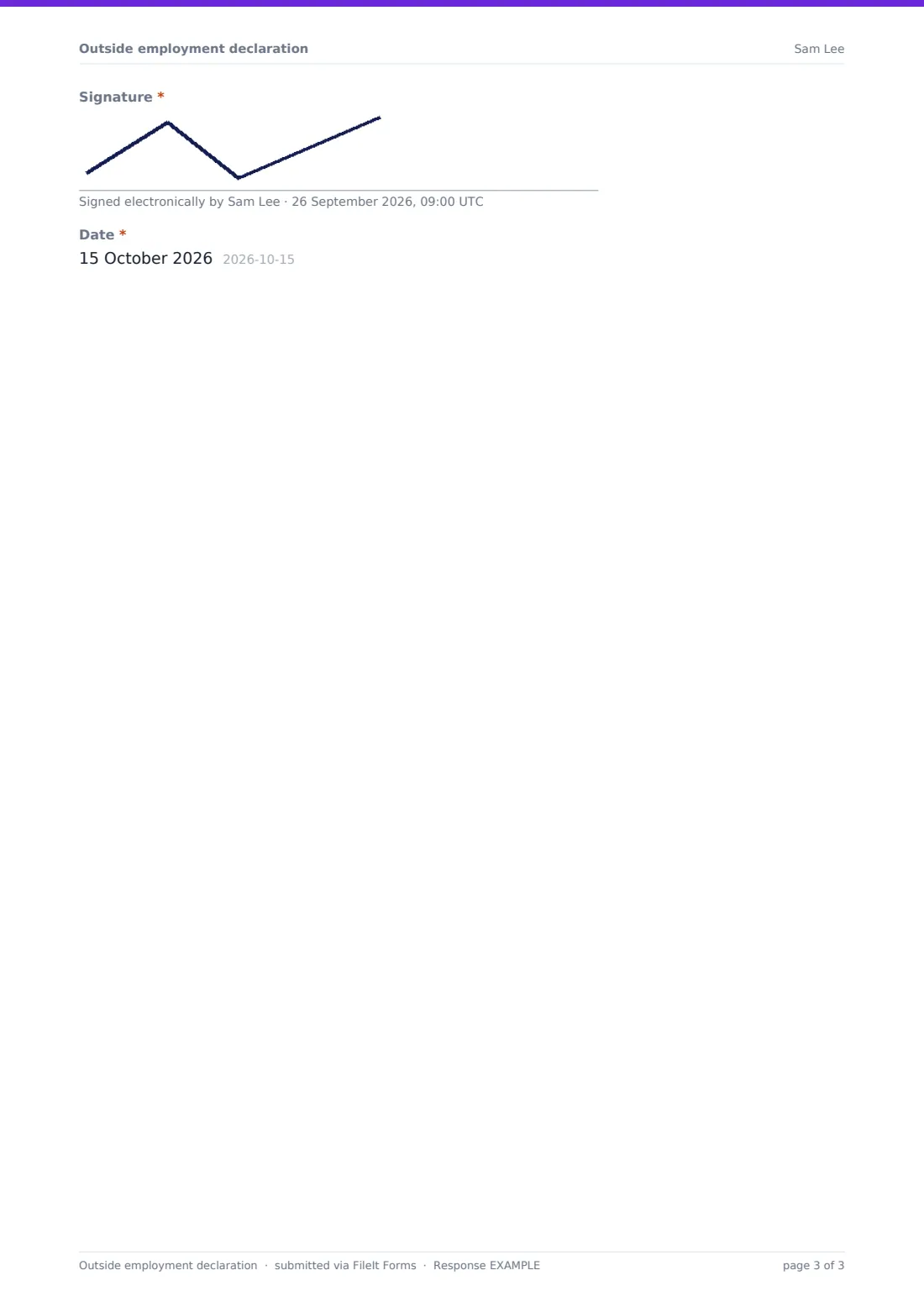 Outside employment declaration — example response PDF, page 3 of 3