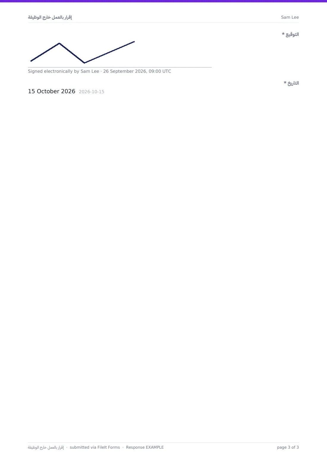 إقرار بالعمل خارج الوظيفة — ملف PDF لرد نموذجي، الصفحة 3 من 3