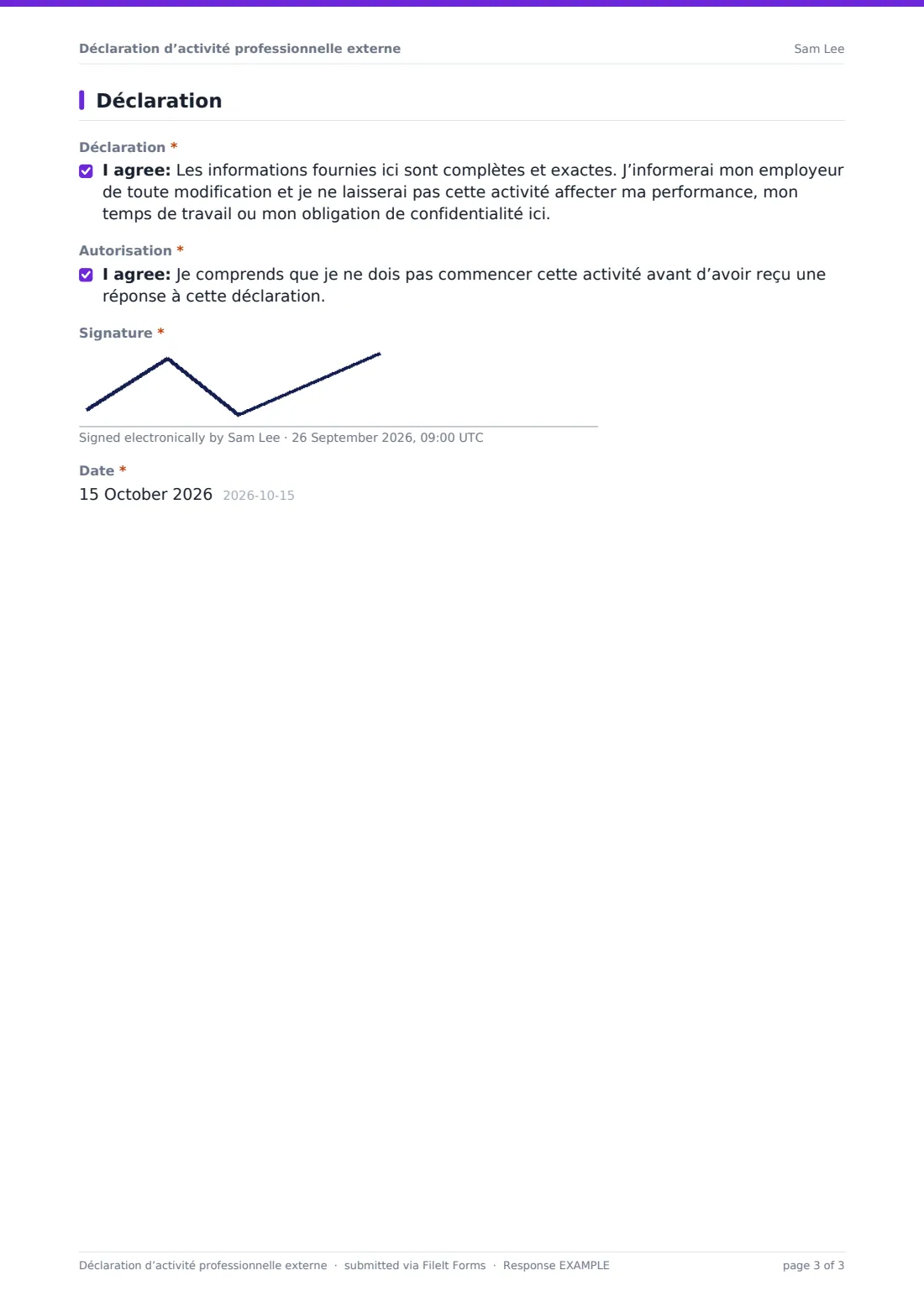 Déclaration d’activité professionnelle externe — exemple de réponse au format PDF, page 3 sur 3