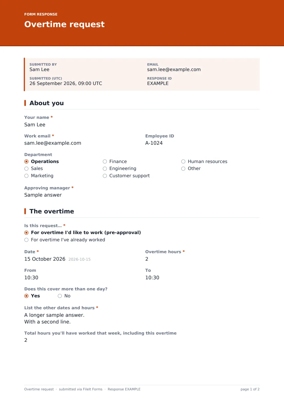 Overtime request — example response PDF, page 1 of 2