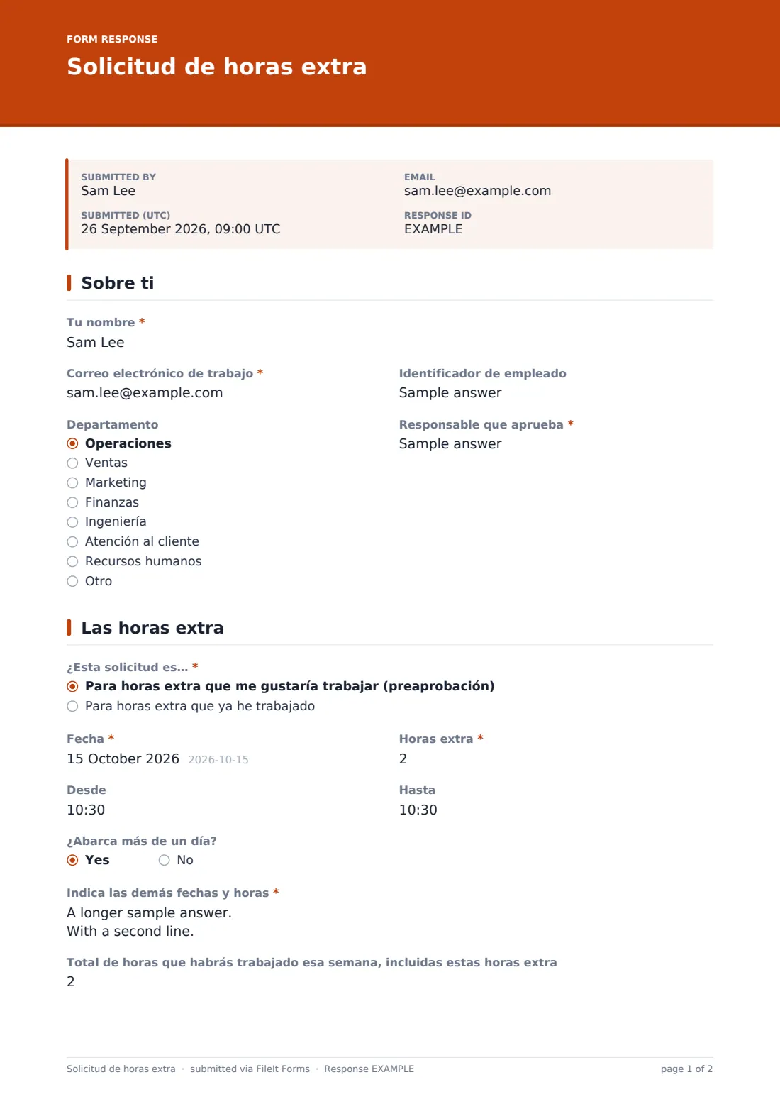 Solicitud de horas extra — PDF de respuesta de ejemplo, página 1 de 2
