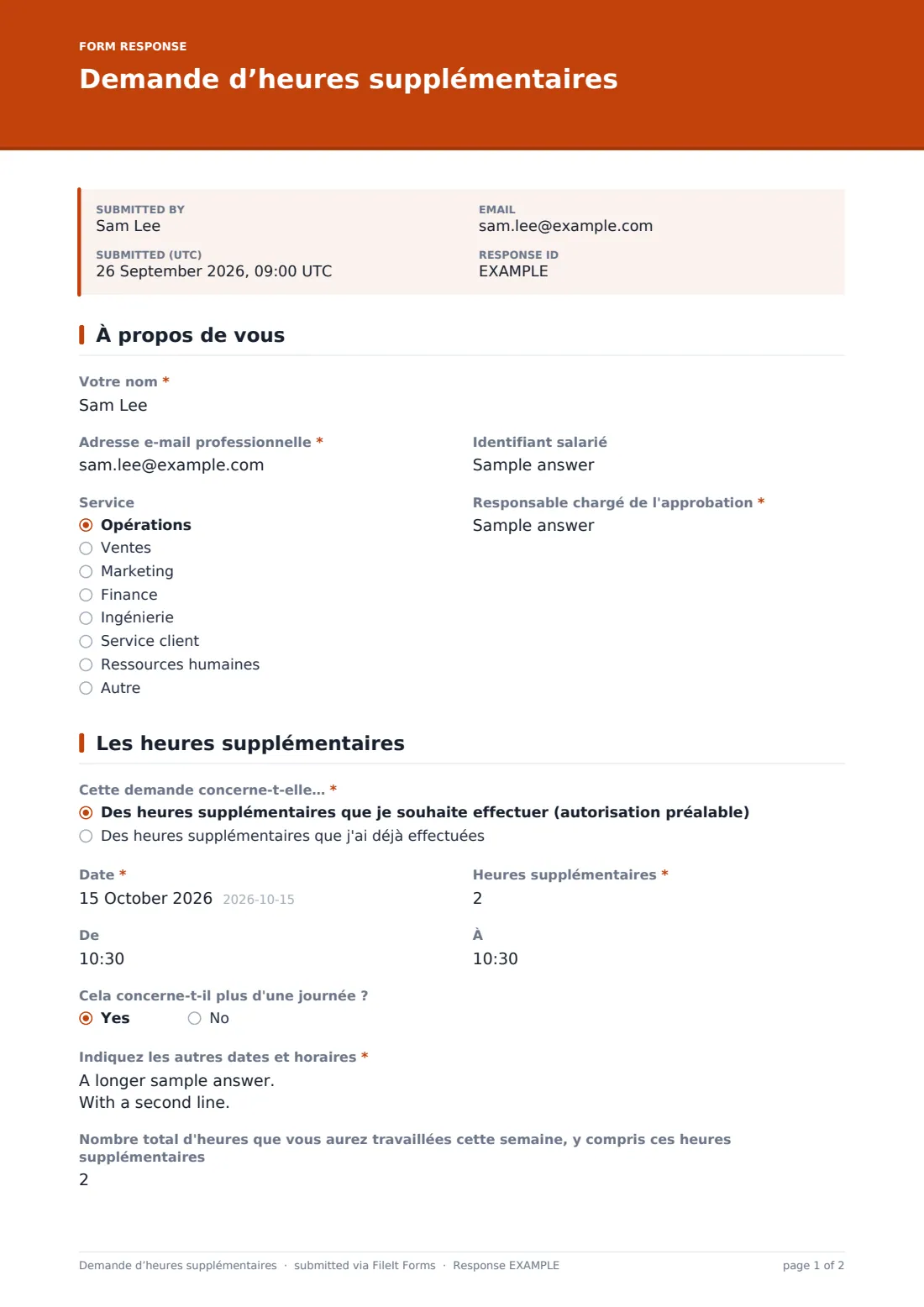 Demande d’heures supplémentaires — exemple de réponse au format PDF, page 1 sur 2