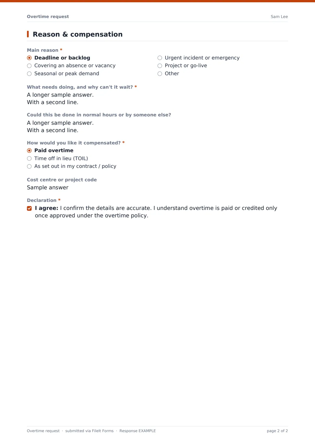 Overtime request — example response PDF, page 2 of 2