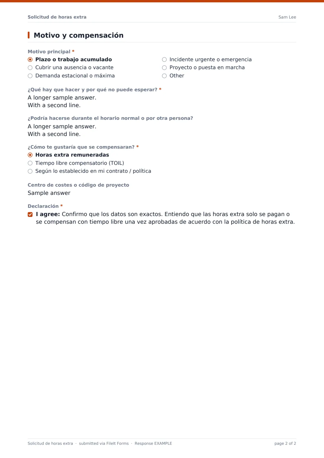 Solicitud de horas extra — PDF de respuesta de ejemplo, página 2 de 2